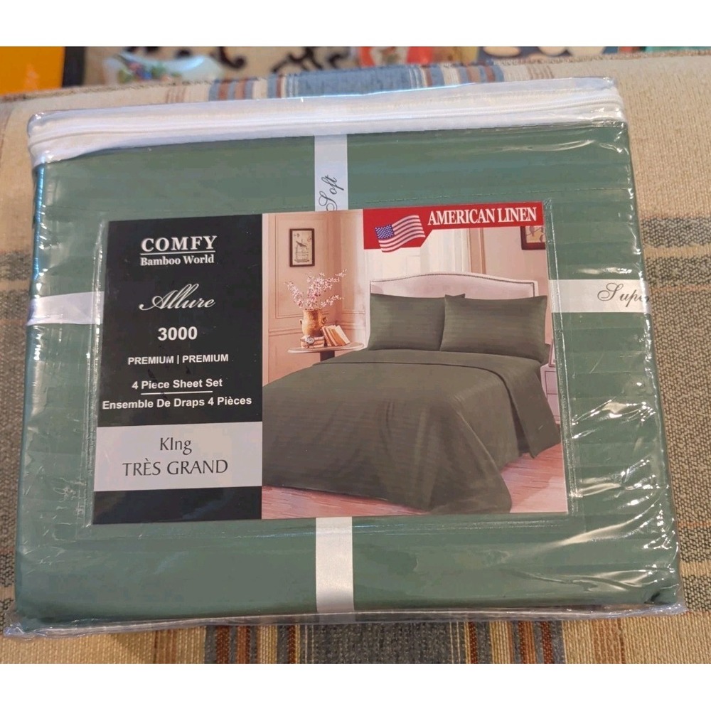 American Linen Sheet Set King Green Allure 3000 Bamboo World 4 Piece Striped